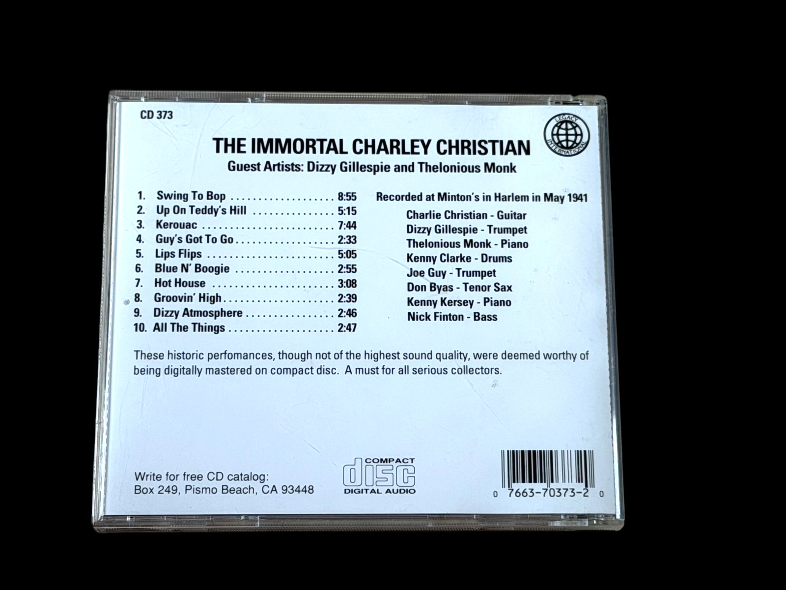 The Immortal Charlie Christian Jazz Music CD w Dizzy Gillespie & Thelonious Monk