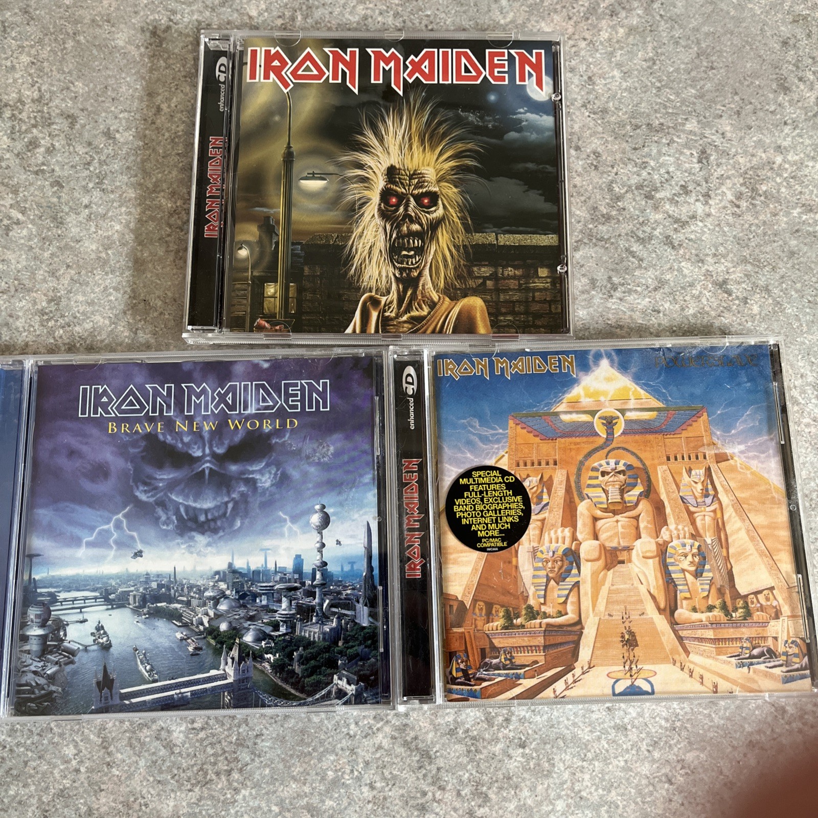 IRON MAIDEN – 3 X CD ALBUMS – powerslave, brave new world and iron maiden in vgc