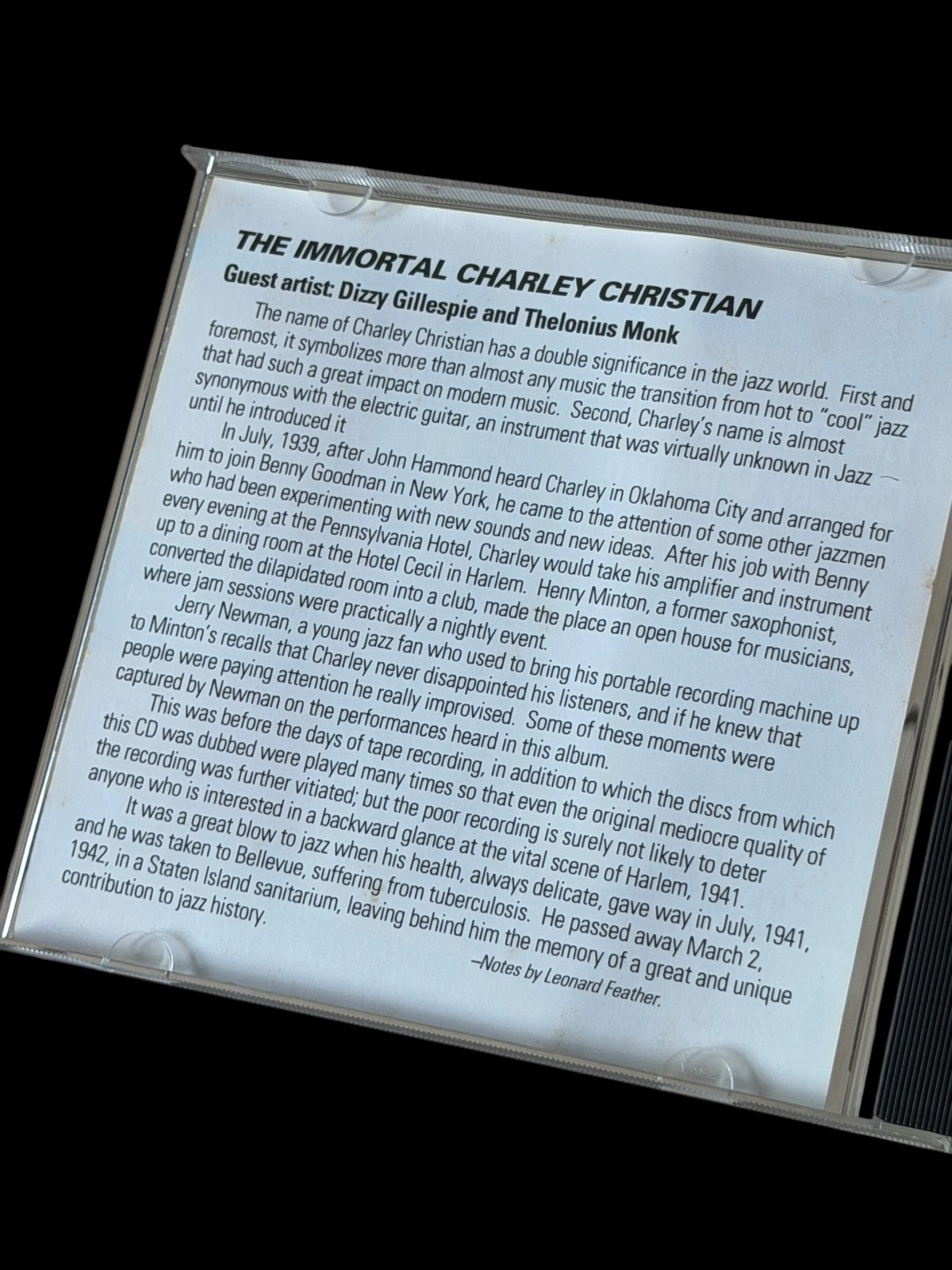 The Immortal Charlie Christian Jazz Music CD w Dizzy Gillespie & Thelonious Monk